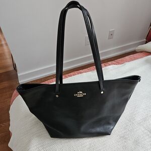Coach Black Leather Tote with Gold Accents
